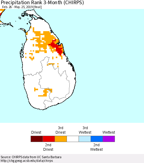 Sri Lanka Precipitation Rank since 1981, 3-Month (CHIRPS) Thematic Map For 2/26/2019 - 5/25/2019