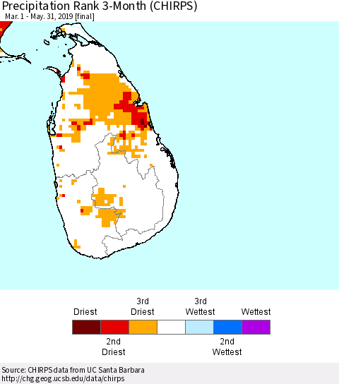 Sri Lanka Precipitation Rank since 1981, 3-Month (CHIRPS) Thematic Map For 3/1/2019 - 5/31/2019