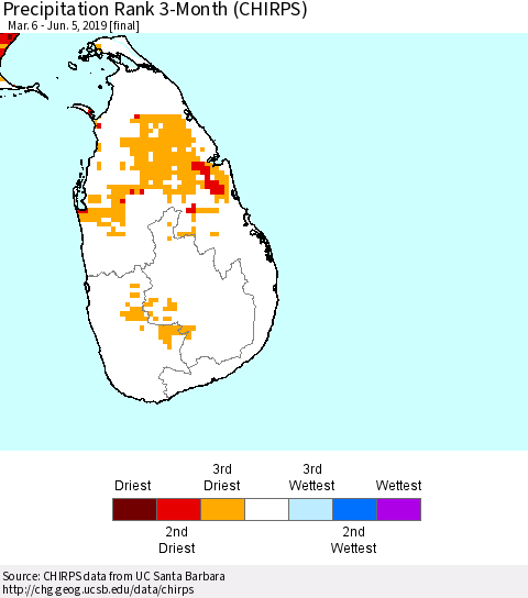 Sri Lanka Precipitation Rank since 1981, 3-Month (CHIRPS) Thematic Map For 3/6/2019 - 6/5/2019