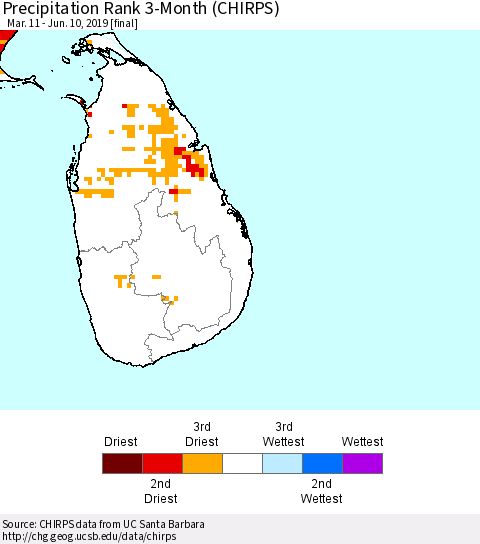 Sri Lanka Precipitation Rank since 1981, 3-Month (CHIRPS) Thematic Map For 3/11/2019 - 6/10/2019