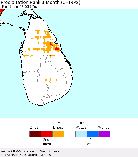 Sri Lanka Precipitation Rank since 1981, 3-Month (CHIRPS) Thematic Map For 3/16/2019 - 6/15/2019