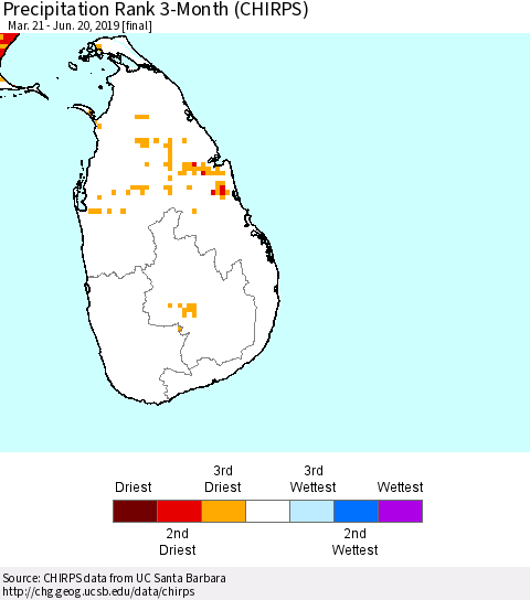 Sri Lanka Precipitation Rank since 1981, 3-Month (CHIRPS) Thematic Map For 3/21/2019 - 6/20/2019