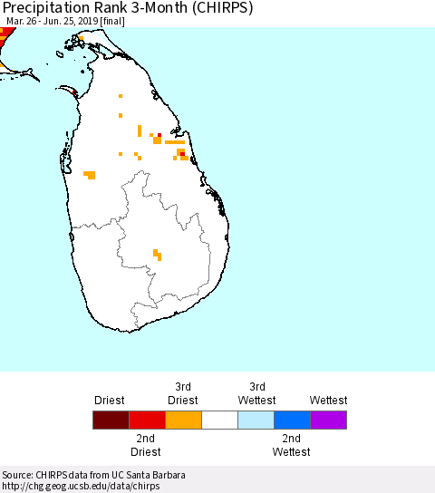 Sri Lanka Precipitation Rank since 1981, 3-Month (CHIRPS) Thematic Map For 3/26/2019 - 6/25/2019