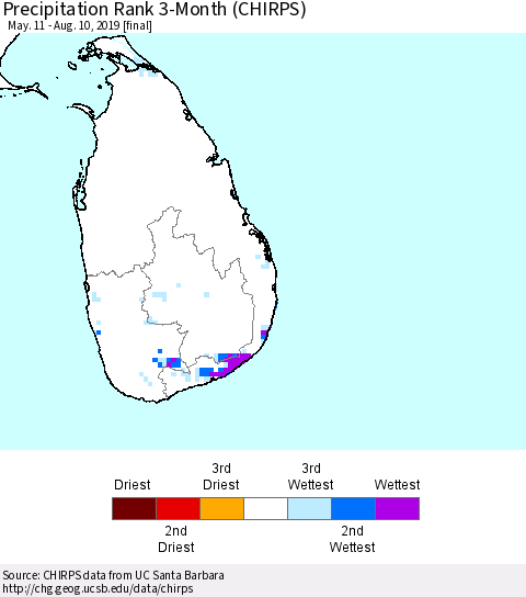 Sri Lanka Precipitation Rank 3-Month (CHIRPS) Thematic Map For 5/11/2019 - 8/10/2019