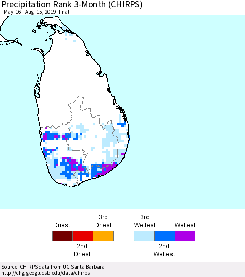 Sri Lanka Precipitation Rank 3-Month (CHIRPS) Thematic Map For 5/16/2019 - 8/15/2019