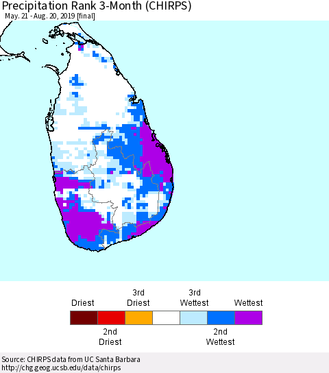 Sri Lanka Precipitation Rank 3-Month (CHIRPS) Thematic Map For 5/21/2019 - 8/20/2019