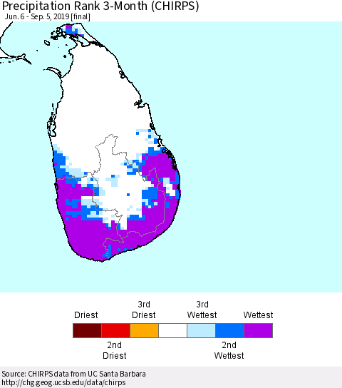 Sri Lanka Precipitation Rank 3-Month (CHIRPS) Thematic Map For 6/6/2019 - 9/5/2019