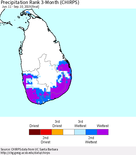 Sri Lanka Precipitation Rank 3-Month (CHIRPS) Thematic Map For 6/11/2019 - 9/10/2019