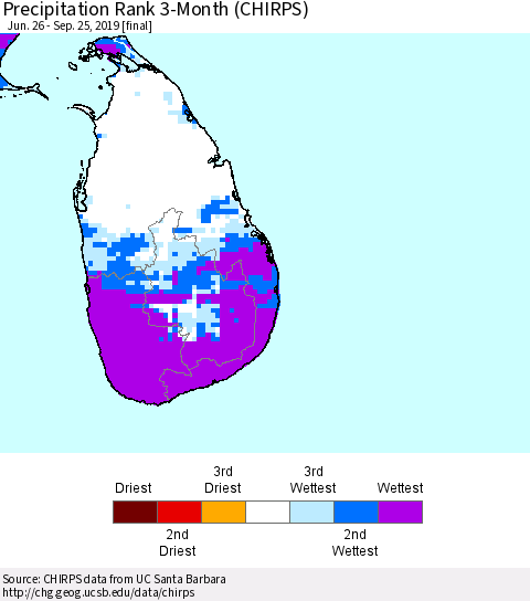 Sri Lanka Precipitation Rank 3-Month (CHIRPS) Thematic Map For 6/26/2019 - 9/25/2019