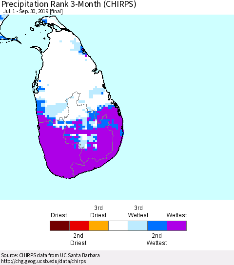 Sri Lanka Precipitation Rank 3-Month (CHIRPS) Thematic Map For 7/1/2019 - 9/30/2019