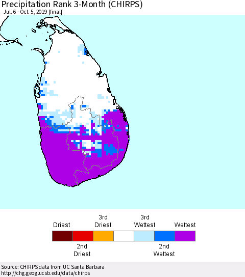 Sri Lanka Precipitation Rank 3-Month (CHIRPS) Thematic Map For 7/6/2019 - 10/5/2019