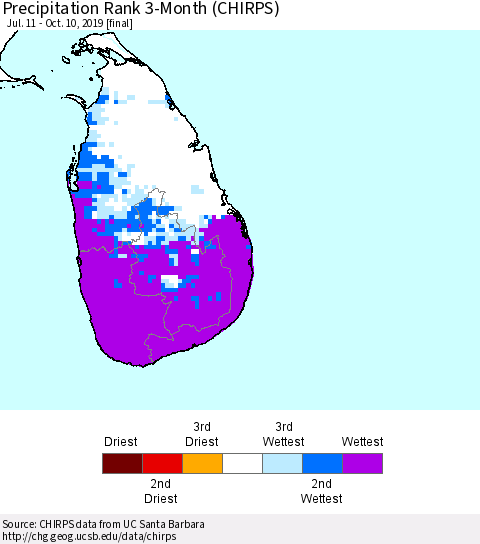 Sri Lanka Precipitation Rank 3-Month (CHIRPS) Thematic Map For 7/11/2019 - 10/10/2019