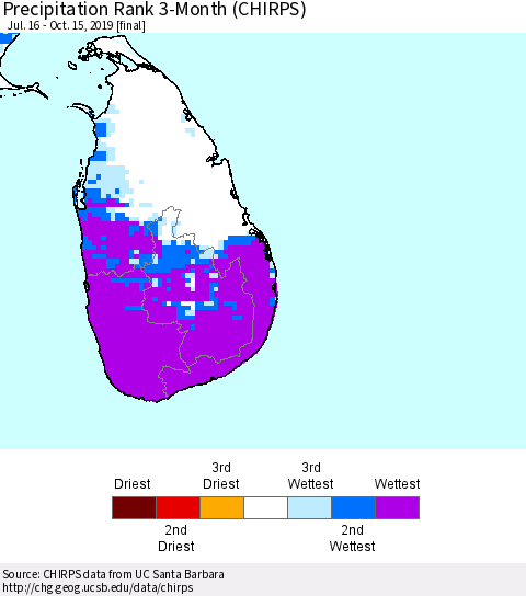 Sri Lanka Precipitation Rank since 1981, 3-Month (CHIRPS) Thematic Map For 7/16/2019 - 10/15/2019