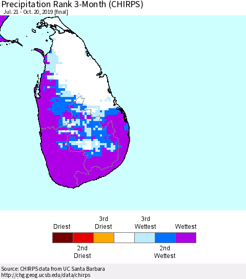 Sri Lanka Precipitation Rank 3-Month (CHIRPS) Thematic Map For 7/21/2019 - 10/20/2019