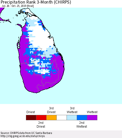 Sri Lanka Precipitation Rank 3-Month (CHIRPS) Thematic Map For 7/26/2019 - 10/25/2019