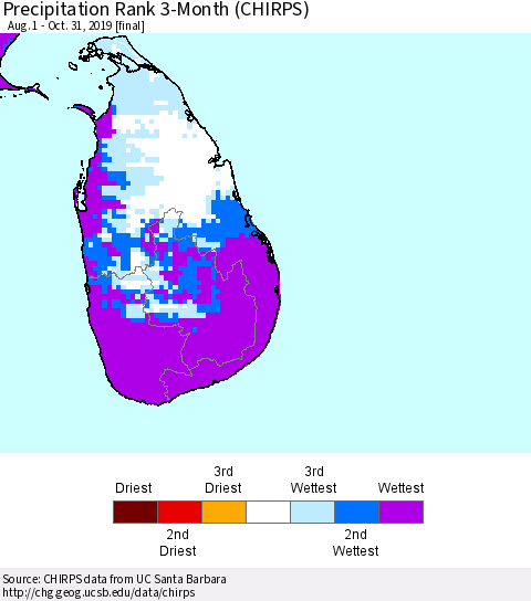 Sri Lanka Precipitation Rank 3-Month (CHIRPS) Thematic Map For 8/1/2019 - 10/31/2019