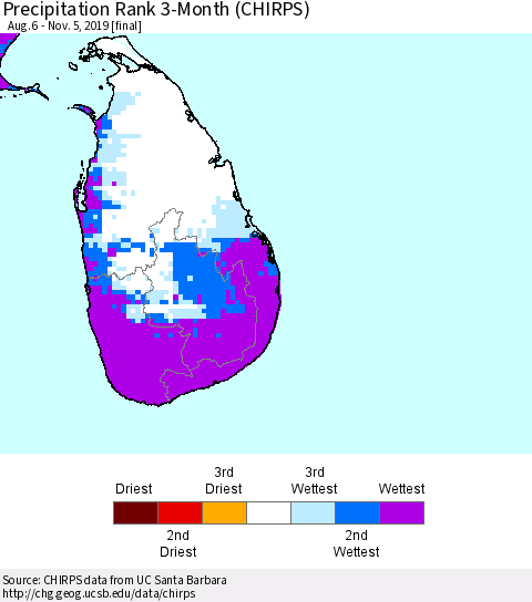 Sri Lanka Precipitation Rank since 1981, 3-Month (CHIRPS) Thematic Map For 8/6/2019 - 11/5/2019
