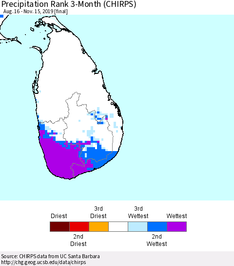Sri Lanka Precipitation Rank 3-Month (CHIRPS) Thematic Map For 8/16/2019 - 11/15/2019
