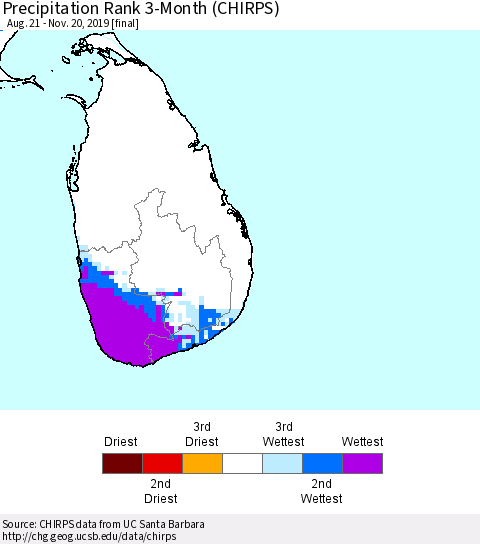 Sri Lanka Precipitation Rank 3-Month (CHIRPS) Thematic Map For 8/21/2019 - 11/20/2019