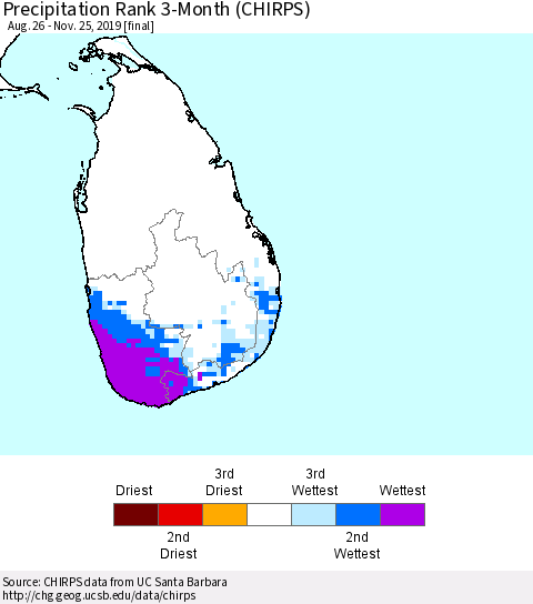 Sri Lanka Precipitation Rank since 1981, 3-Month (CHIRPS) Thematic Map For 8/26/2019 - 11/25/2019