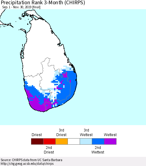 Sri Lanka Precipitation Rank 3-Month (CHIRPS) Thematic Map For 9/1/2019 - 11/30/2019