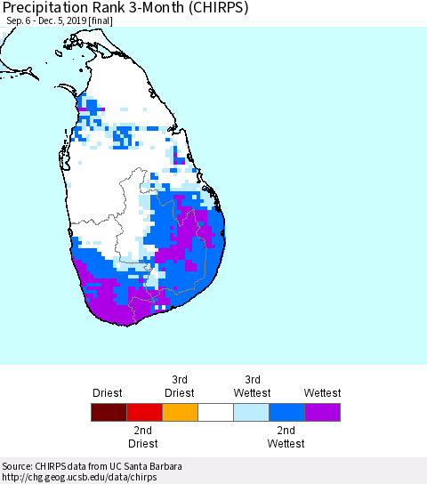 Sri Lanka Precipitation Rank since 1981, 3-Month (CHIRPS) Thematic Map For 9/6/2019 - 12/5/2019