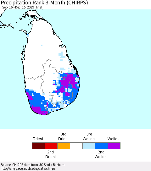 Sri Lanka Precipitation Rank 3-Month (CHIRPS) Thematic Map For 9/16/2019 - 12/15/2019