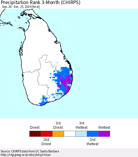 Sri Lanka Precipitation Rank since 1981, 3-Month (CHIRPS) Thematic Map For 9/26/2019 - 12/25/2019
