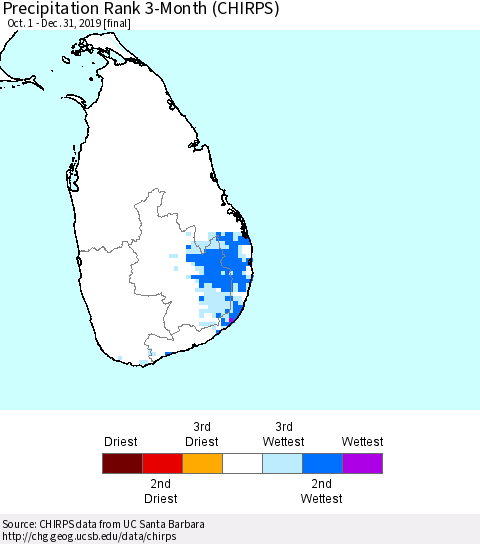 Sri Lanka Precipitation Rank since 1981, 3-Month (CHIRPS) Thematic Map For 10/1/2019 - 12/31/2019