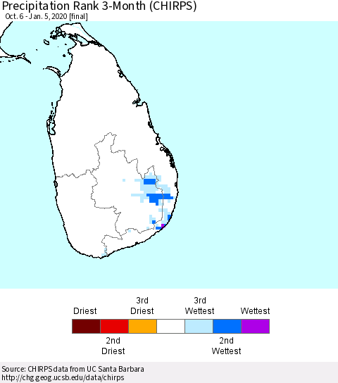 Sri Lanka Precipitation Rank since 1981, 3-Month (CHIRPS) Thematic Map For 10/6/2019 - 1/5/2020