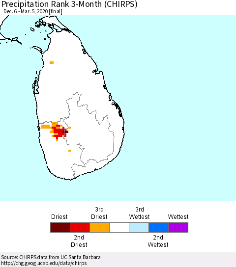 Sri Lanka Precipitation Rank since 1981, 3-Month (CHIRPS) Thematic Map For 12/6/2019 - 3/5/2020