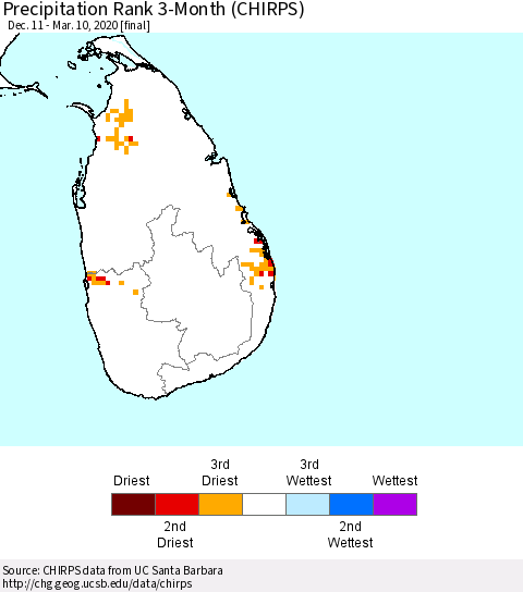 Sri Lanka Precipitation Rank 3-Month (CHIRPS) Thematic Map For 12/11/2019 - 3/10/2020