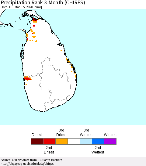 Sri Lanka Precipitation Rank since 1981, 3-Month (CHIRPS) Thematic Map For 12/16/2019 - 3/15/2020