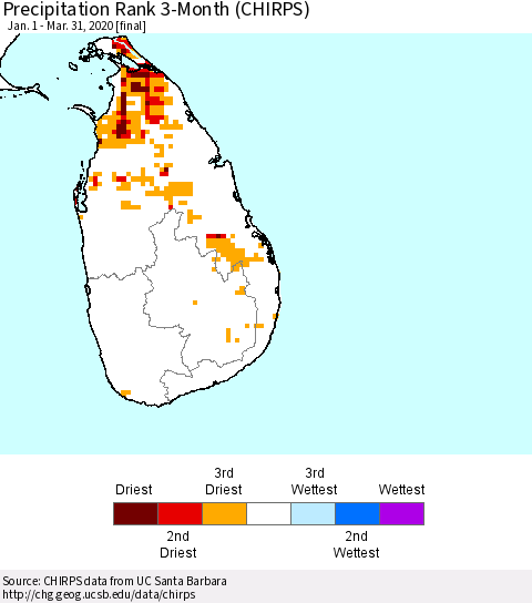 Sri Lanka Precipitation Rank since 1981, 3-Month (CHIRPS) Thematic Map For 1/1/2020 - 3/31/2020