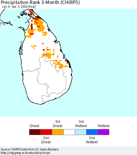 Sri Lanka Precipitation Rank since 1981, 3-Month (CHIRPS) Thematic Map For 1/6/2020 - 4/5/2020