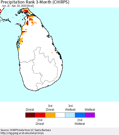 Sri Lanka Precipitation Rank since 1981, 3-Month (CHIRPS) Thematic Map For 1/21/2020 - 4/20/2020