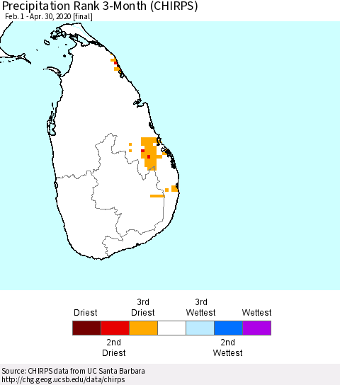 Sri Lanka Precipitation Rank since 1981, 3-Month (CHIRPS) Thematic Map For 2/1/2020 - 4/30/2020