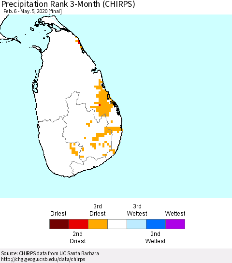 Sri Lanka Precipitation Rank since 1981, 3-Month (CHIRPS) Thematic Map For 2/6/2020 - 5/5/2020