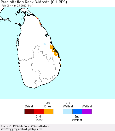 Sri Lanka Precipitation Rank since 1981, 3-Month (CHIRPS) Thematic Map For 2/26/2020 - 5/25/2020