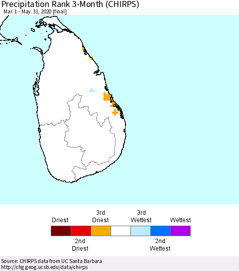 Sri Lanka Precipitation Rank since 1981, 3-Month (CHIRPS) Thematic Map For 3/1/2020 - 5/31/2020