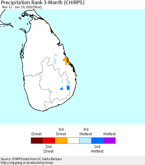 Sri Lanka Precipitation Rank since 1981, 3-Month (CHIRPS) Thematic Map For 3/11/2020 - 6/10/2020