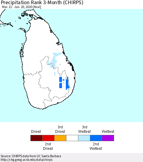 Sri Lanka Precipitation Rank 3-Month (CHIRPS) Thematic Map For 3/21/2020 - 6/20/2020
