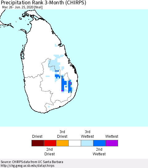 Sri Lanka Precipitation Rank since 1981, 3-Month (CHIRPS) Thematic Map For 3/26/2020 - 6/25/2020