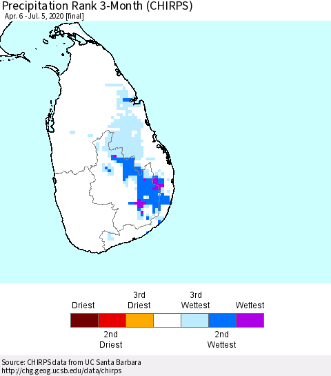 Sri Lanka Precipitation Rank 3-Month (CHIRPS) Thematic Map For 4/6/2020 - 7/5/2020