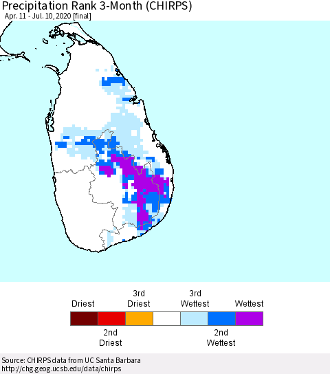 Sri Lanka Precipitation Rank since 1981, 3-Month (CHIRPS) Thematic Map For 4/11/2020 - 7/10/2020