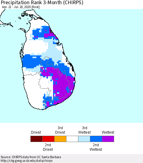 Sri Lanka Precipitation Rank since 1981, 3-Month (CHIRPS) Thematic Map For 4/21/2020 - 7/20/2020