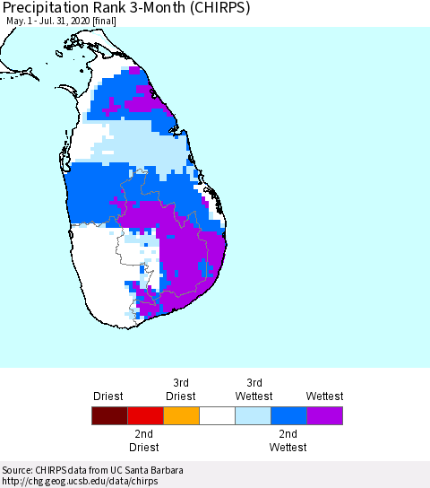Sri Lanka Precipitation Rank 3-Month (CHIRPS) Thematic Map For 5/1/2020 - 7/31/2020