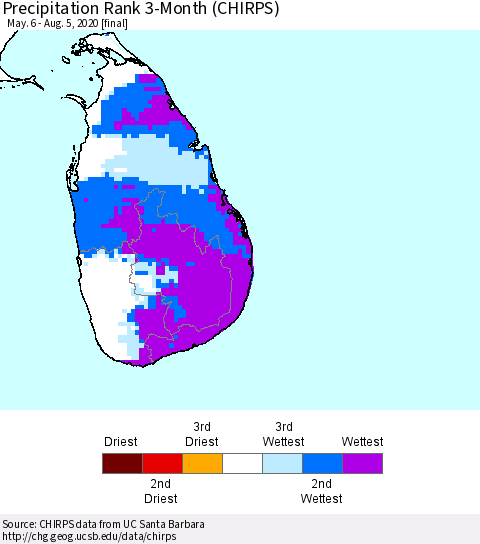 Sri Lanka Precipitation Rank since 1981, 3-Month (CHIRPS) Thematic Map For 5/6/2020 - 8/5/2020