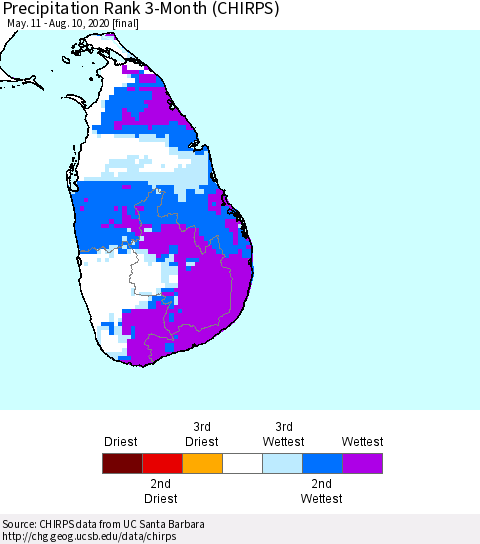 Sri Lanka Precipitation Rank 3-Month (CHIRPS) Thematic Map For 5/11/2020 - 8/10/2020