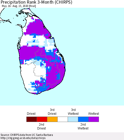Sri Lanka Precipitation Rank 3-Month (CHIRPS) Thematic Map For 5/16/2020 - 8/15/2020
